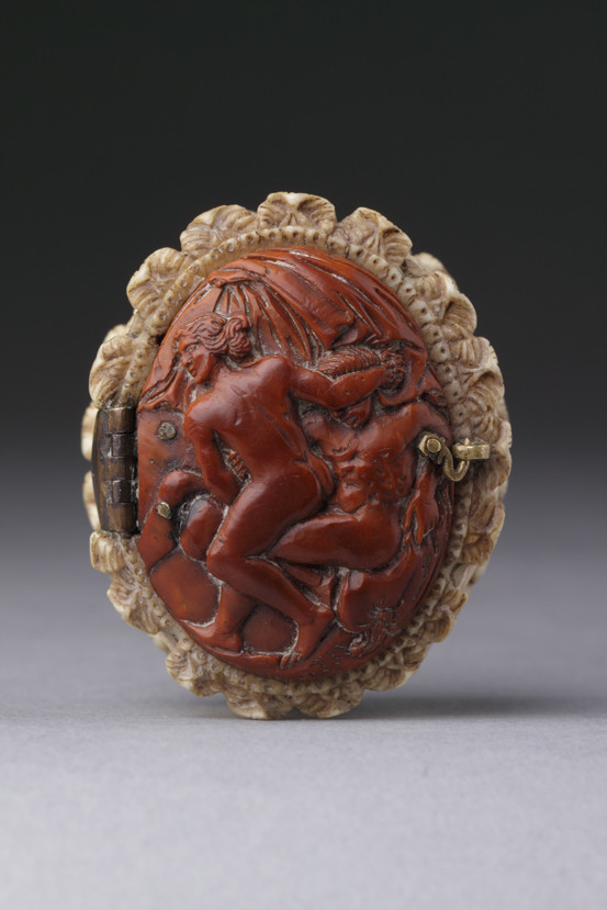 Erotic German Carved Coquilla Nut and Ivory Pocket Snuff Box